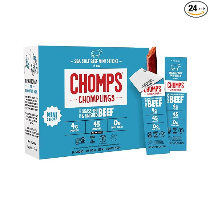 Chomps Snack Size Grass-Fed and Finished Sea Salt Beef Jerky Snack Sticks 0.5oz 24-Pack - Keto, P... | Amazon (US)