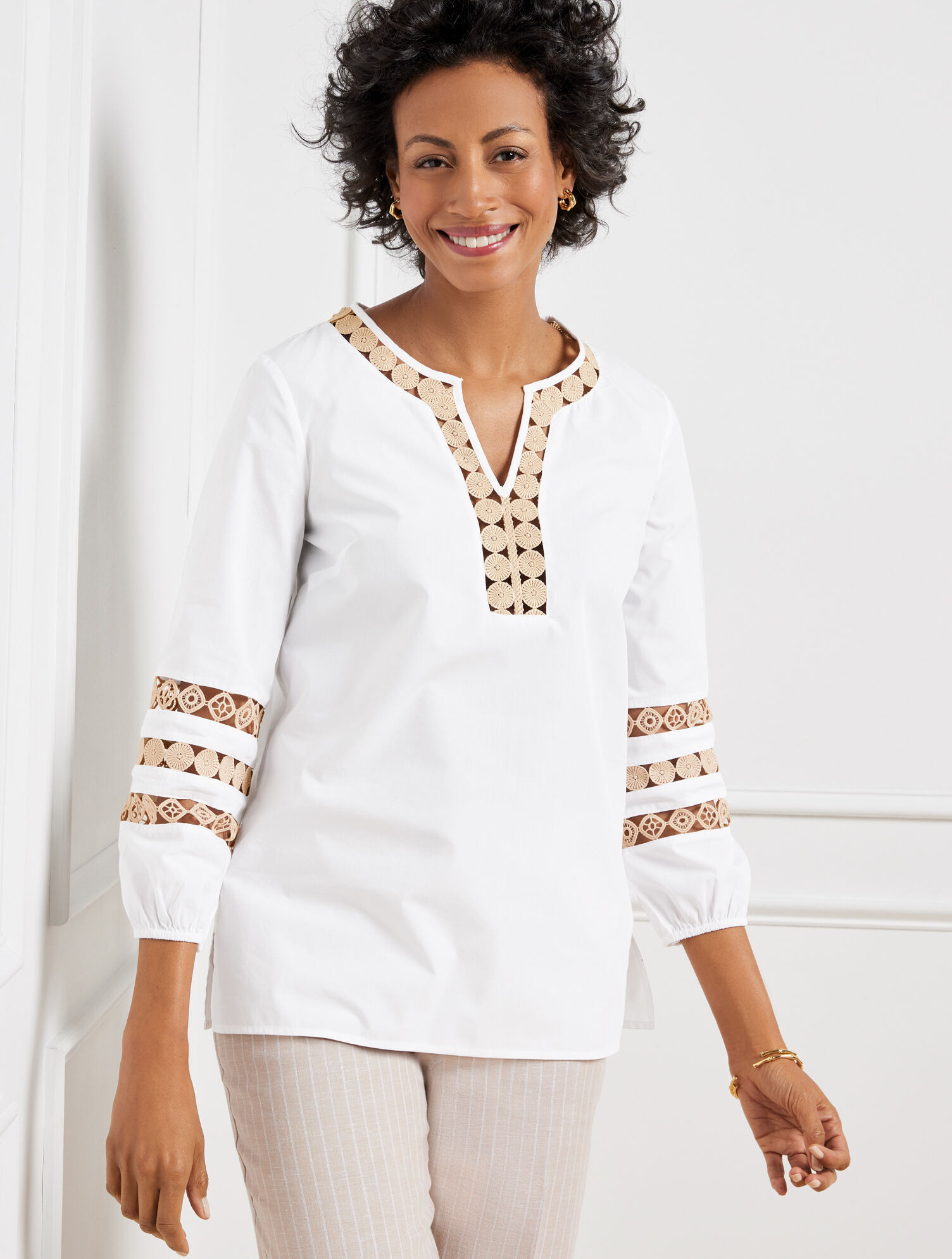 Lace Trim Poplin Top | Talbots