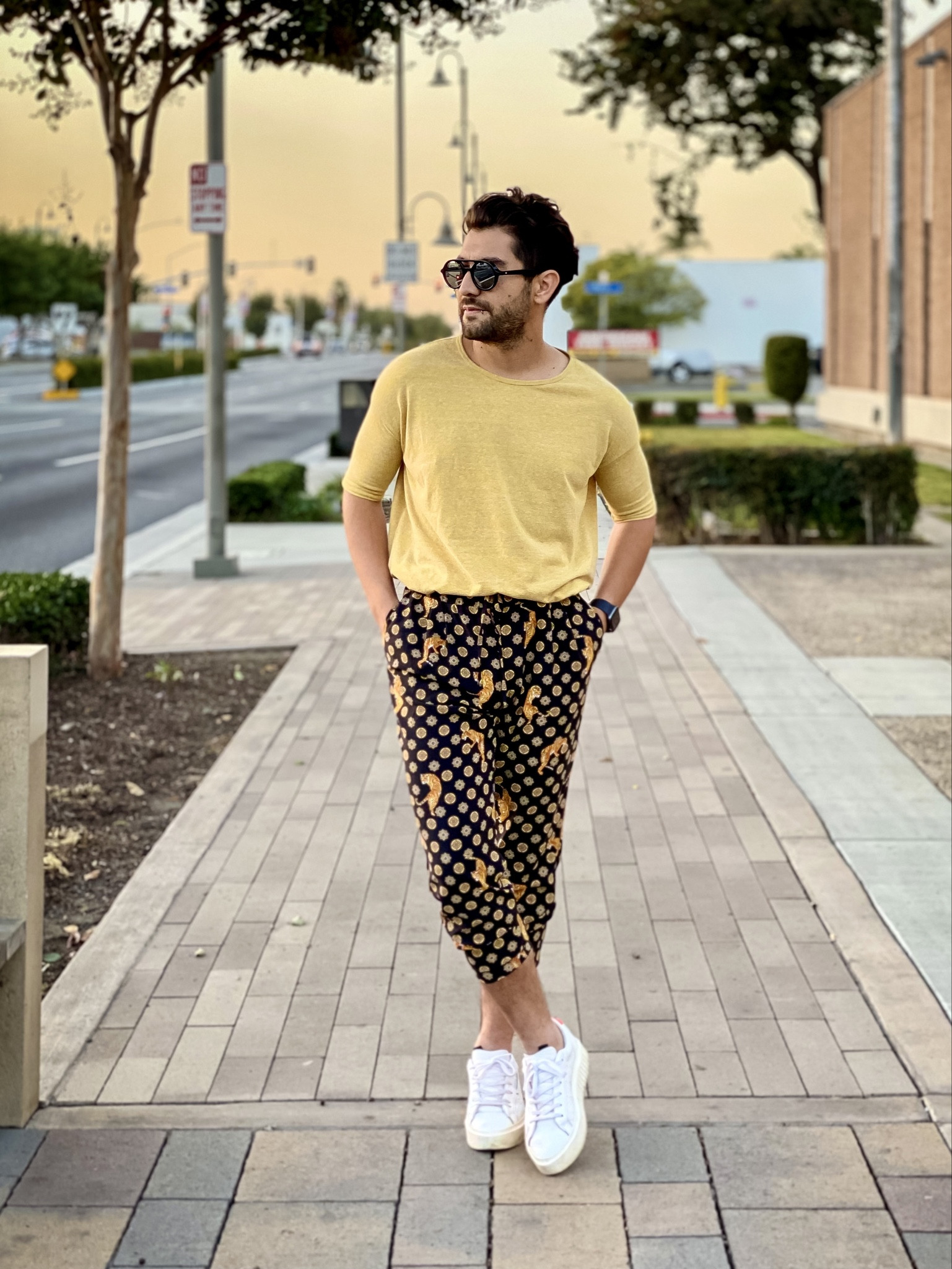 Must have ! Pattern pants 
This are one of my favorite ones, silky texture very confortable with tiger patterns. Bright yellow top and basic Adidas  

#LTKmens #LTKHoliday #LTKSeasonal