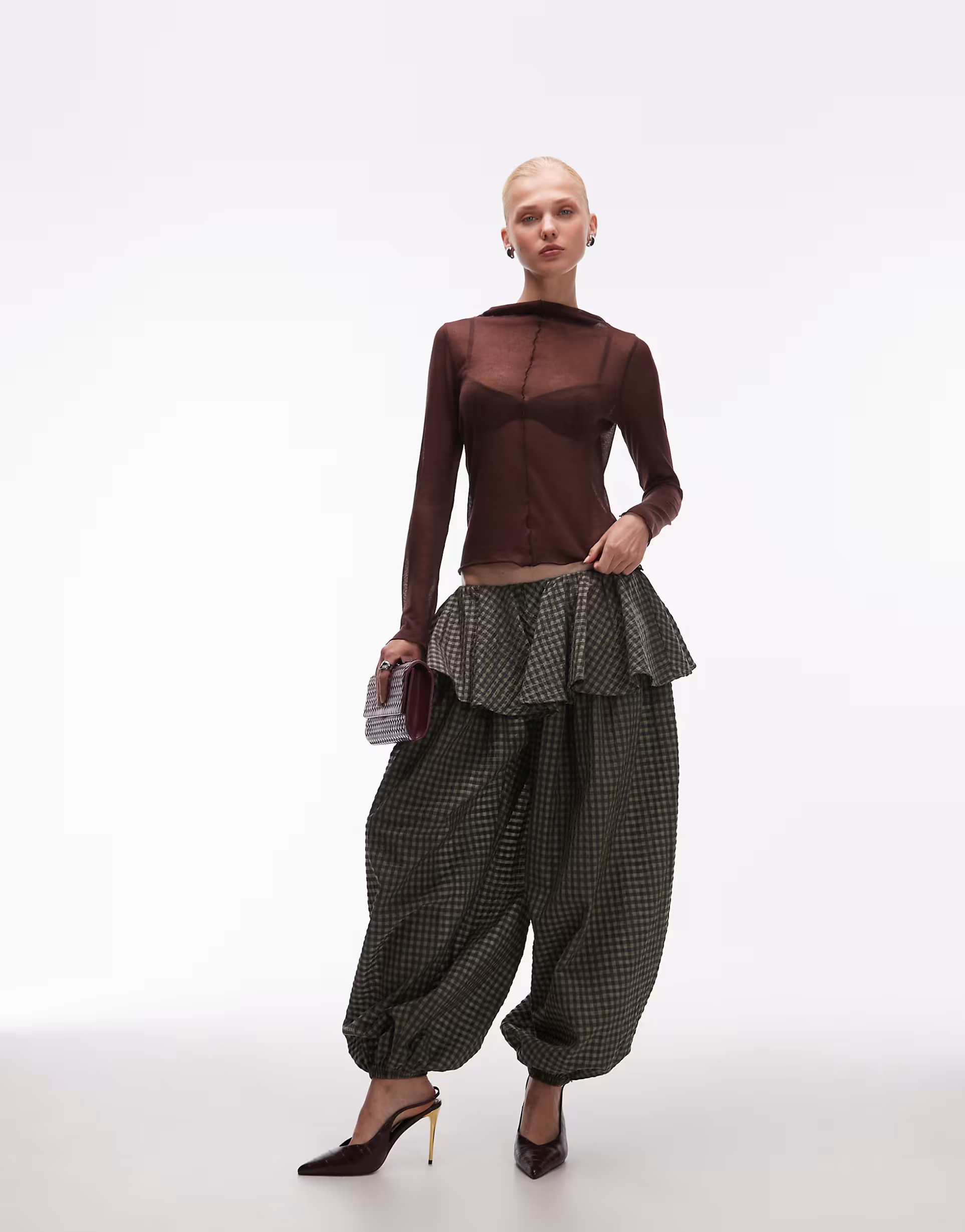 ASOS DESIGN balloon pants with skirt overlay detail in gingham | ASOS (Global)