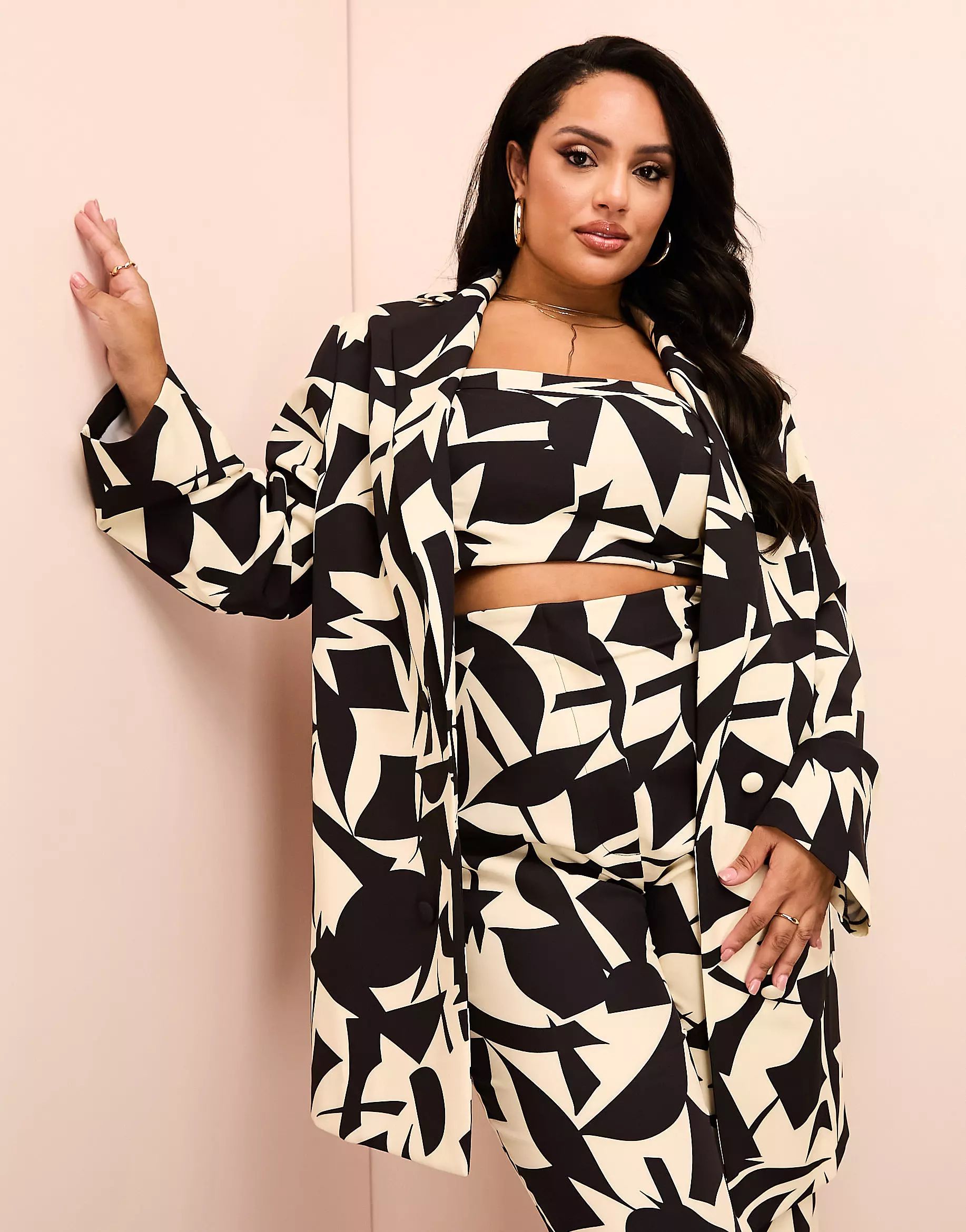 ASOS LUXE Curve oversized tailored blazer in black and white geometric print - part of a set | ASOS (Global)
