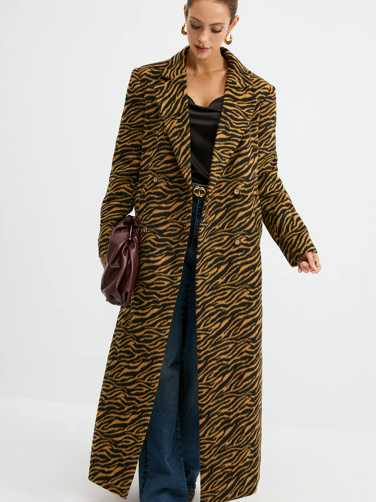 Tiger Print Oversized Tweed Long Coat | Commense