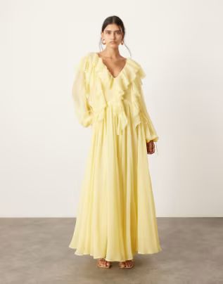 ASOS EDITION - Robe longue volantée et effilochée à cordon de serrage à la taille - Citron | ASOS (Global)