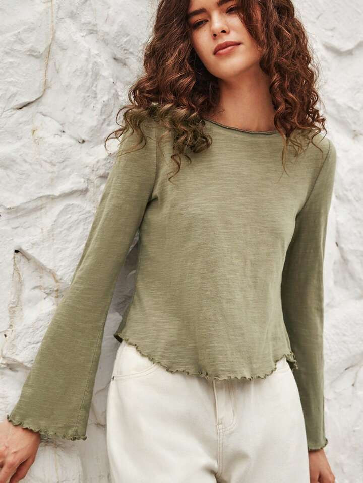 SHEIN BohoFeels Solid Lettuce Trim Tee | SHEIN