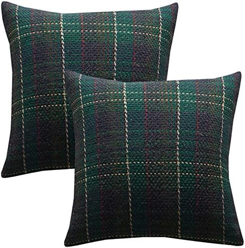 Green Plaid Pillow Covers 18x18 inch Set of 2 Knitting Tartan Pillow Cases Winter Xmas Farmhouse ... | Amazon (US)