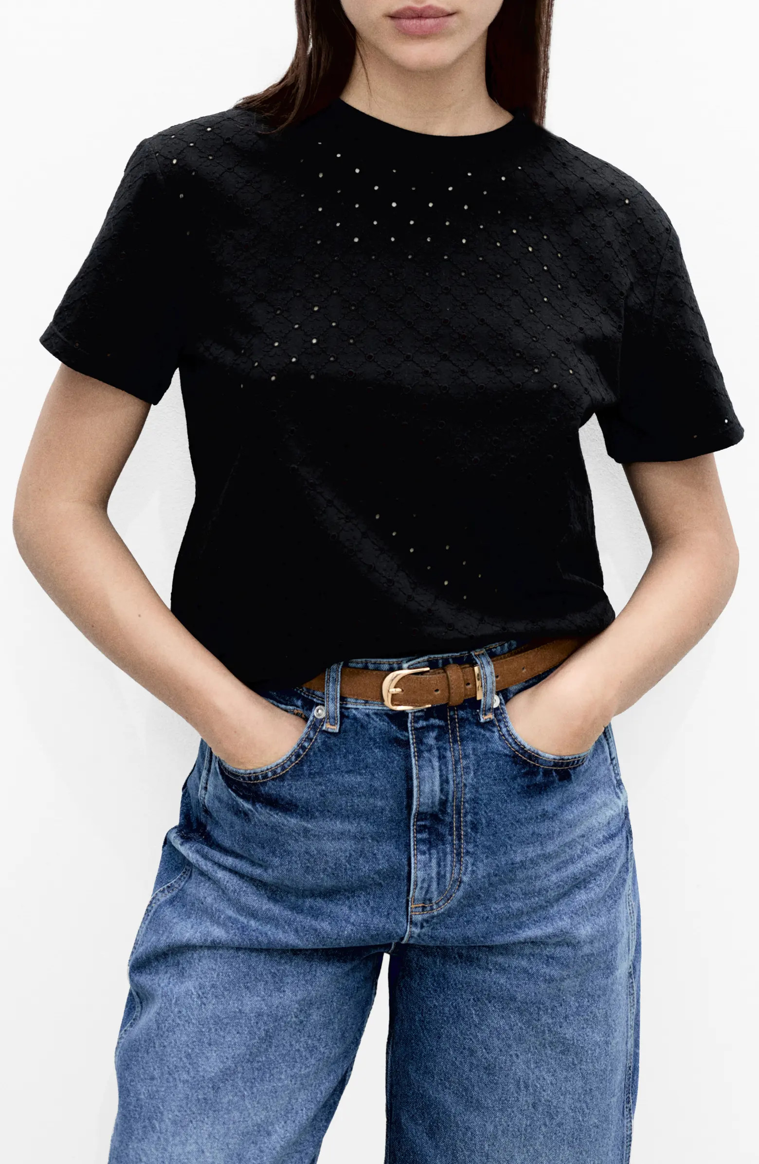 MANGO Embroidered Openwork Cotton T-Shirt | Nordstrom | Nordstrom