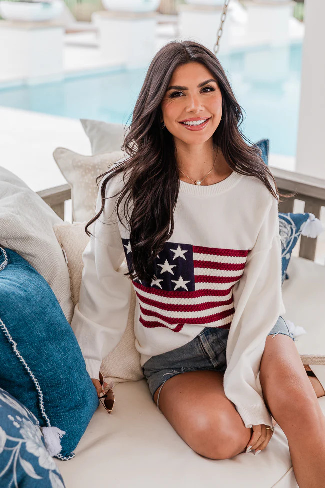 Home Of The Free Ivory Textured Flag Sweater | Pink Lily
