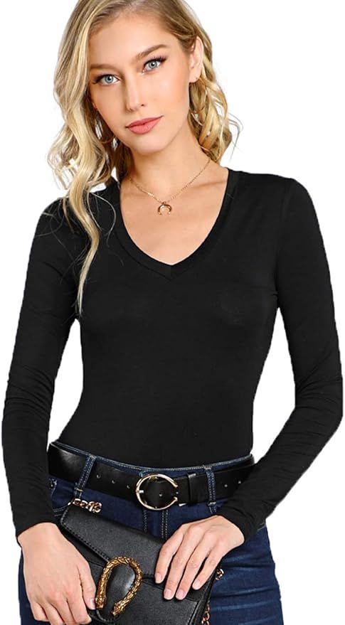 MakeMeChic Women's Basic Long Sleeve Bodysuit Stretchy Jumpsuit Tops | Amazon (US)