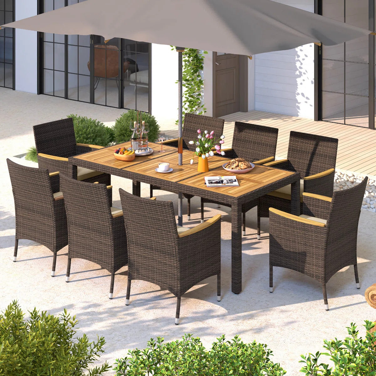 9 Pcs Outdoor Dining Set With Acacia Wood Table Top Patio Dining Set For 8 People | Wayfair North America