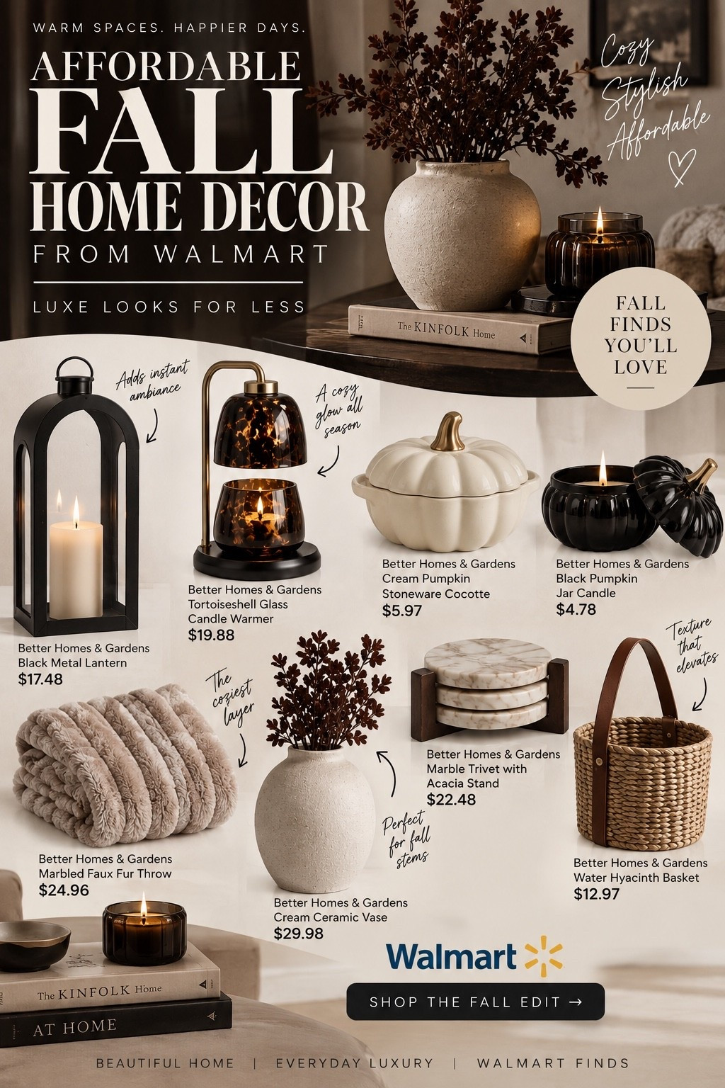 Create an elevated fall home without the designer price tag. 

These affordable Walmart fall home decor finds combine warm neutrals, cream, black, tortoiseshell and natural textures for a cozy, expensive-looking space. 

Shop Better Homes & Gardens finds including a black lantern, candle warmer, neutral faux fur throw, cream pumpkin decor, ceramic vase, marble accents and woven storage. 

Save this for Walmart home finds, neutral fall decor, affordable fall decorating ideas, cozy home decor, luxury home decor on a budget and modern fall home inspiration.

affordable fall home decor, Walmart fall decor, Walmart home finds, Walmart fall home finds, neutral fall decor, fall decorating ideas, luxury fall decor, fall decor on a budget, Better Homes and Gardens decor, cozy fall home, modern fall decor, neutral home decor, black and cream decor, elevated fall decor, expensive looking home decor, affordable home decor, cozy home ideas, fall living room decor, Walmart home decor, luxe home decor finds

#LTKdayinmylife #LTKgrwm #LTKHome