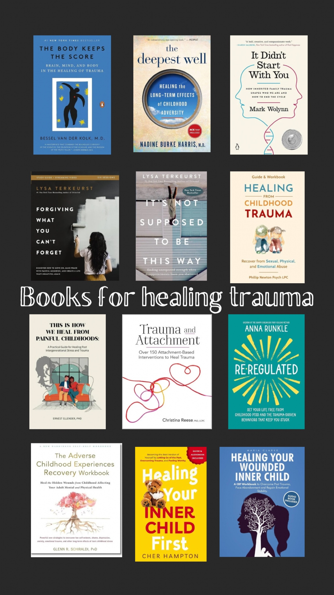 Books to help with trauma and childhood trauma. Please reach out if you’d like to chat! Highly recommend the “the body keeps the score” and “the deepest well”. 