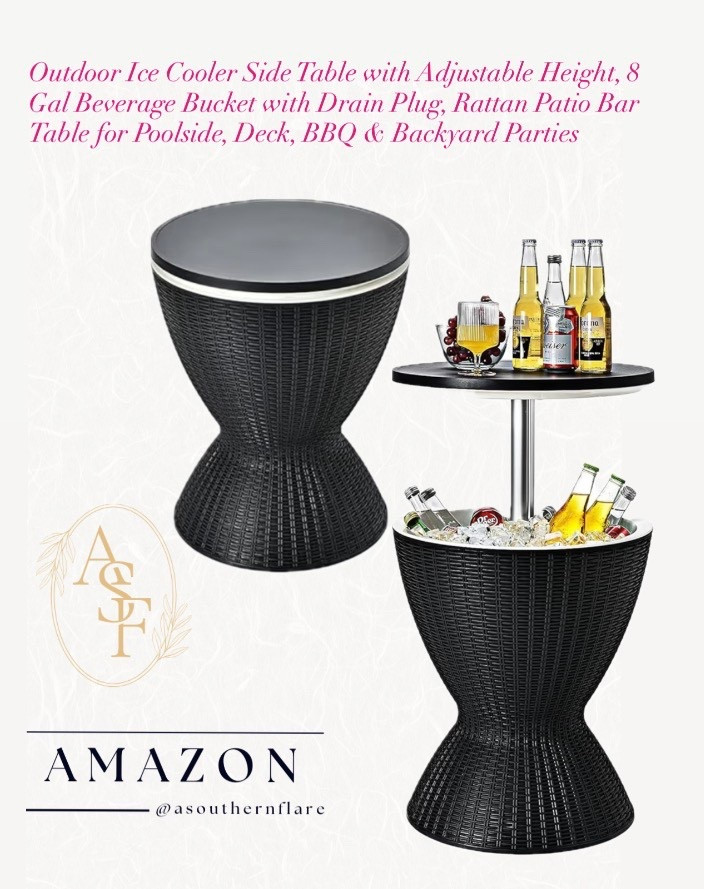 Outdoor Ice Cooler Side Table with Adjustable Height, 8 Gal Beverage Bucket with Drain Plug, Rattan Patio Bar Table for Poolside, Deck, BBQ & Backyard Parties

#LTKActive