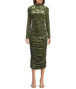 Kendall Velvet Burnout Ruched Long Sleeve Bodycon Dress | Dillard's