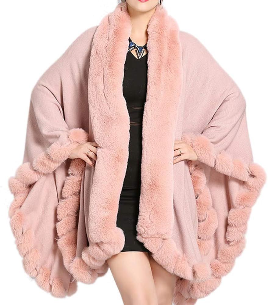 Tngan Faux Fox Fur Trim Cardigan Cloak Shawl Wraps Winter Poncho Oversized Cape | Amazon (US)