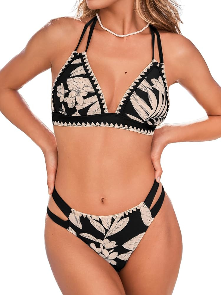 CUPSHE Women's Bikini Sets Two Piece Swimsuit Halter V Neck Back Hook Cutout Stitching Cheeky Bot... | Amazon (US)