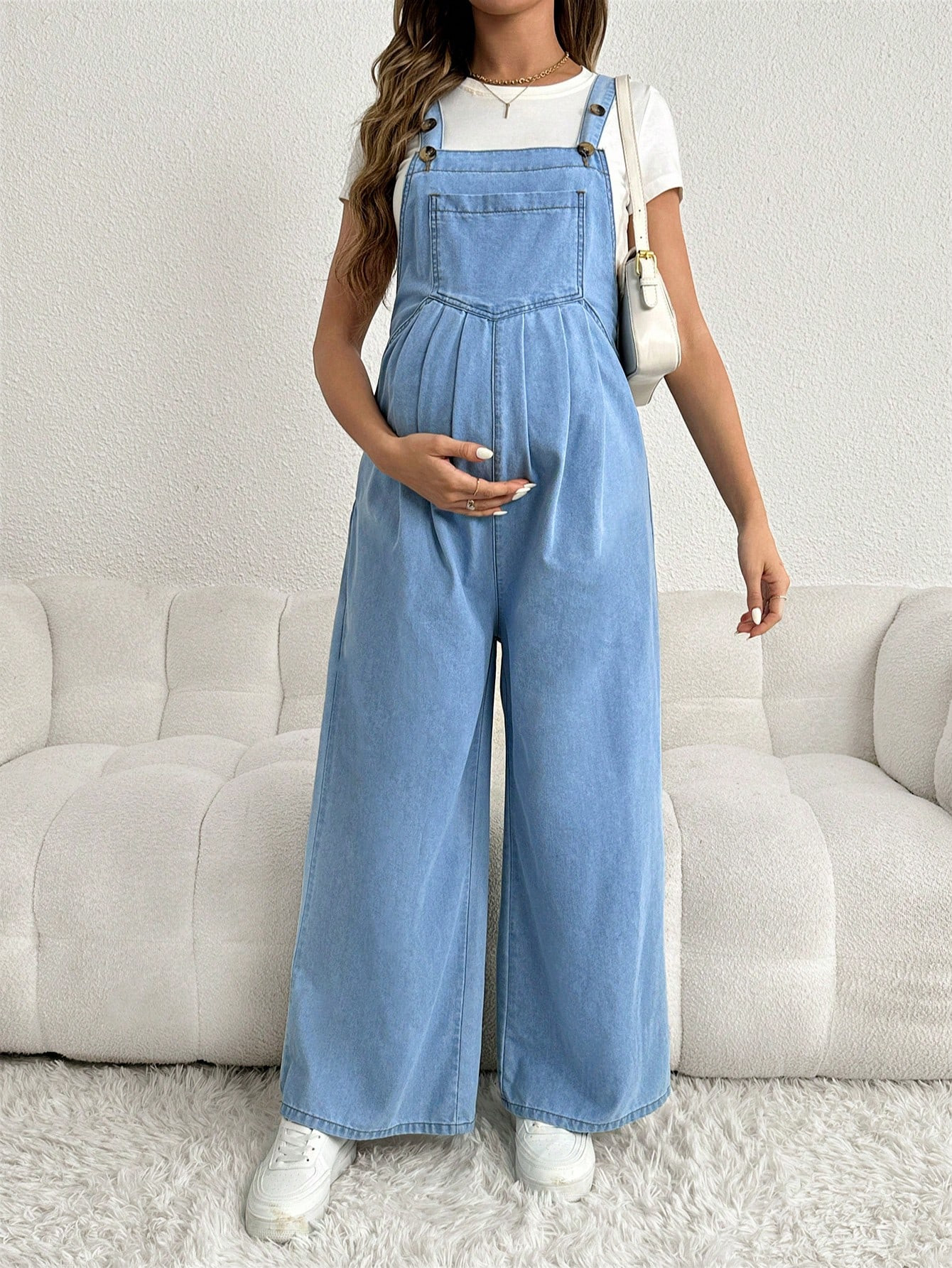 SHEIN Maternity Loose-Fit Long Denim Overalls With Adjustable Shoulder Straps, Blue | SHEIN