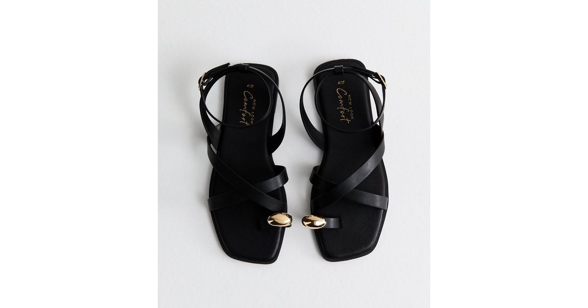 Black Faux Leather Multi Strap Toe Ring Flat Sandals | New Look | New Look (UK)