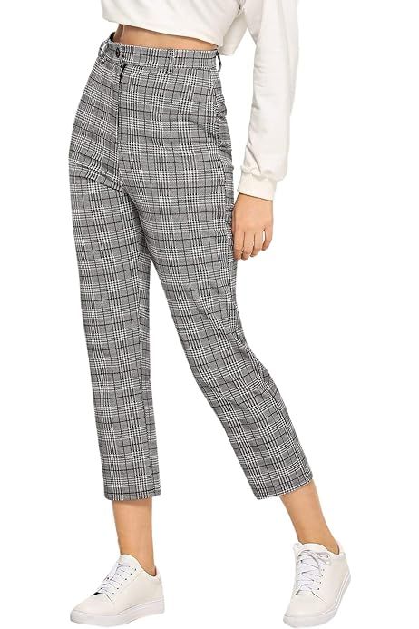 Allegra K Women's Plaid Pants Elastic Waist Casual Work Office Long Trousers | Amazon (US)