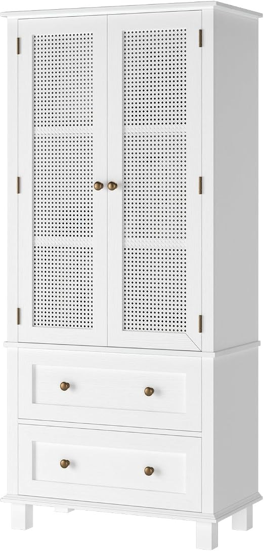FOTOSOK Kitchen Pantry Storage Cabinet, Tall Cabinet with Rattan Doors and 2 Drawers, Freestandin... | Amazon (US)