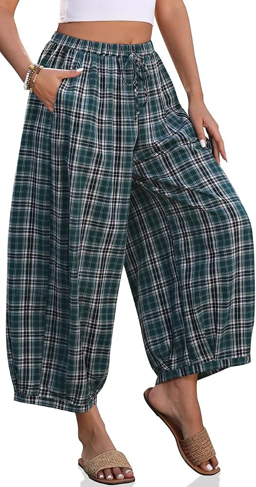 TARSE Women's Plaid Cotton Linen Wide Leg Pants with Pockets | Amazon (US)