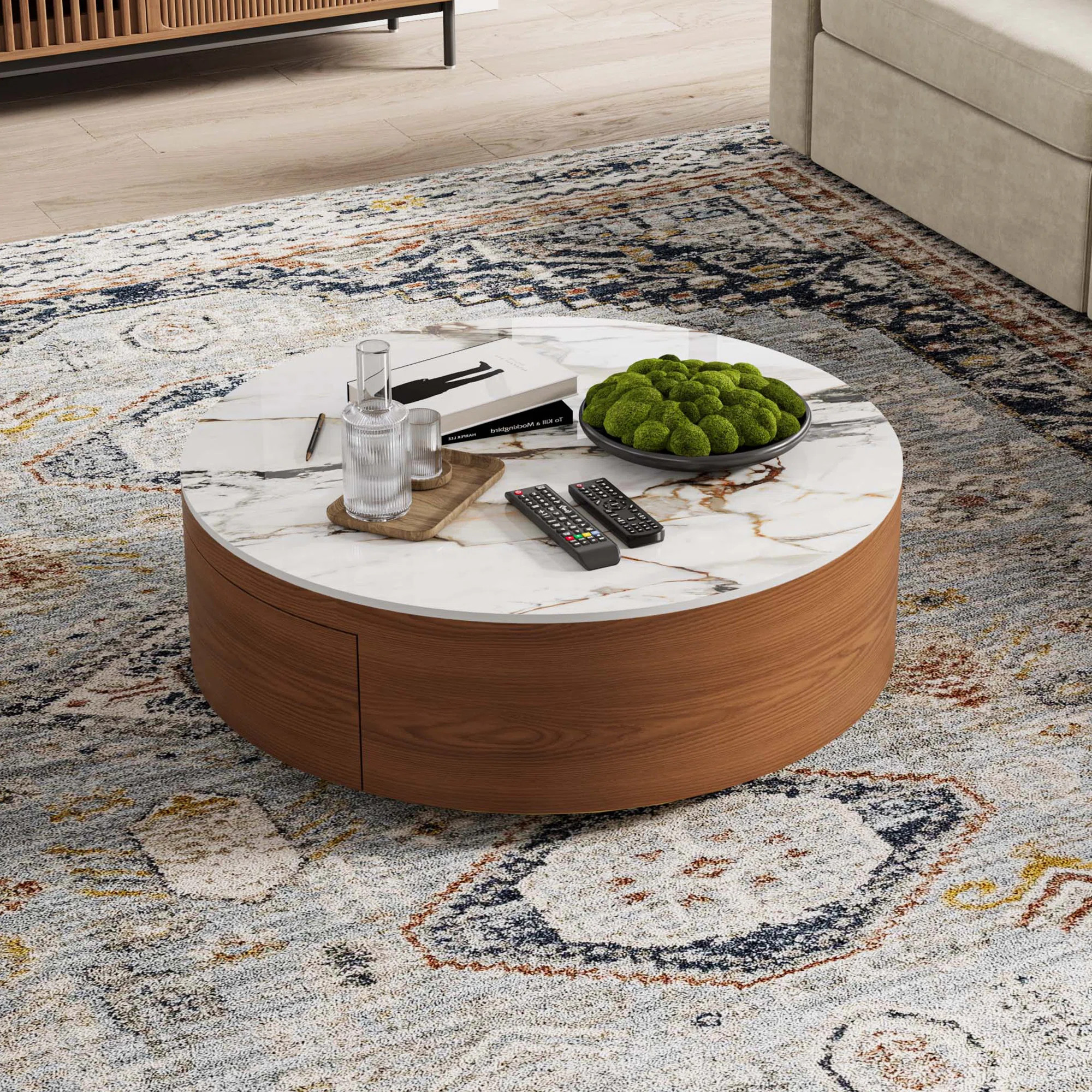 Daniel-Jack Drum Coffee Table, Sintered Stone Top, 2 Solid Wood Drawers, Fully-Assembled | Wayfair North America