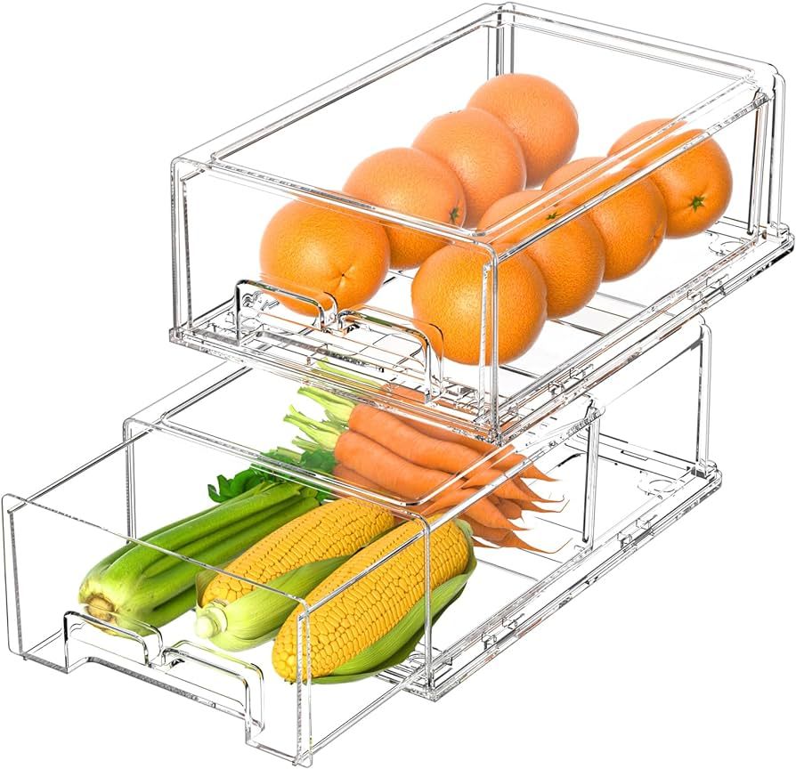 2 Pack Refrigerator Drawers - Fridge Organizer Bins Stackable Storage Drawers, Clear Refrigerator... | Amazon (US)