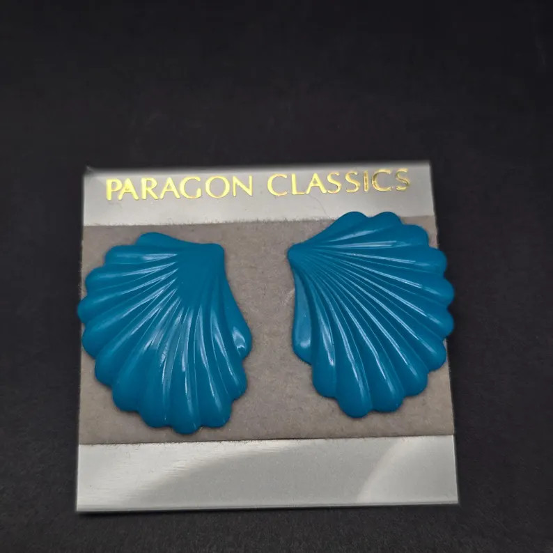 Teal Blue Enamel Sea Shell Scallop Earrings Vintage 1980s Costume Jewelry Beachy | Etsy (US)