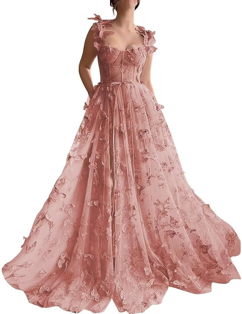 3D Butterfly Fairy Lace Applique Butterfly Tulle Prom Dresses Long Ball Gown for Women | Amazon (US)