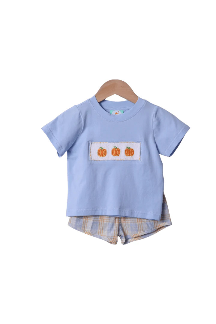 Blue Plaid Pumpkin Short Set | The Smocked Flamingo