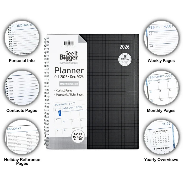 See it Bigger Monthly Weekly Planner Large (9" x 11") Black 15-Month, Oct 2025-Dec 2026 | Walmart (US)