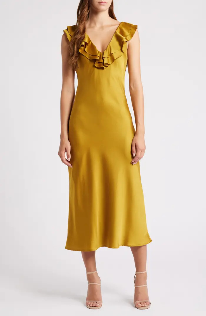 WAYF Lida Ruffle Cap Sleeve Satin Midi Dress | Nordstrom | Nordstrom