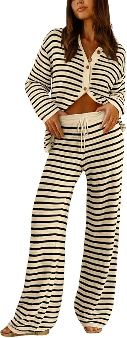 AGSEEM Womens Knit 2 Piece Lounge Sets Striped Long Sleeve Button Lapel Sweaters and Wide Leg Pan... | Amazon (US)