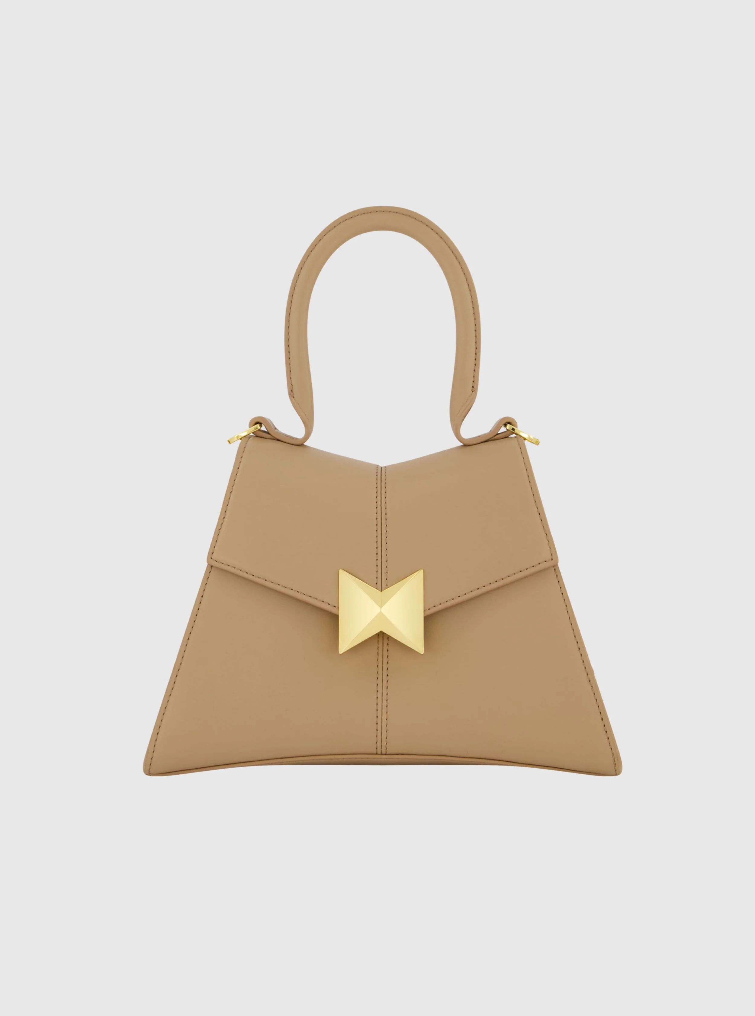 Angular Small Taupe Leather Handbag With Gold Hardware | Mac Duggal