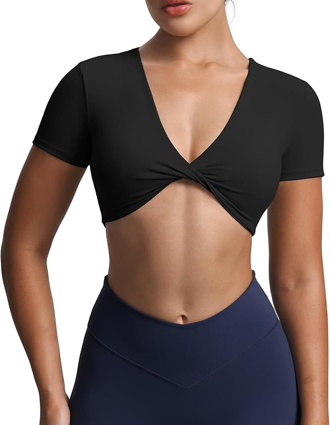 Aoxjox Short Sleeve Crop Tops for Women Sienna Twist Deep V Workout Cropped T Shirt Top | Amazon (US)