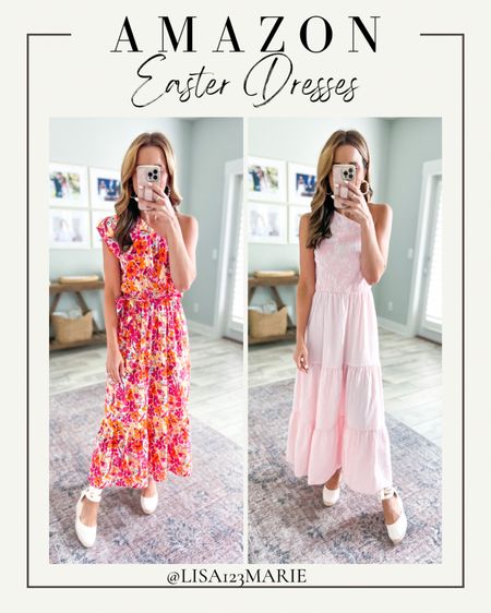 Amazon Easter dress. Amazon wedding guest dress. Baby shower dress. Wedding shower dress. Spring wedding guest. Vacation dress. Amazon tie-up espadrilles (TTS). Both are bump-friendly!

*Wearing small in both - the dress on the right runs big and didn’t work on me but would be great on someone taller. 

#LTKwedding #LTKtravel #LTKshoecrush