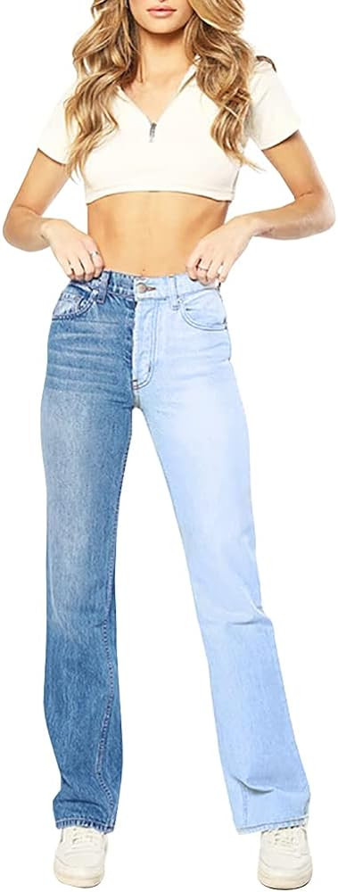 LONGYIDA Colorblock Straight Leg Jeans for Women High Waist Skinny Stretch Jeans Denim Pants with... | Amazon (US)