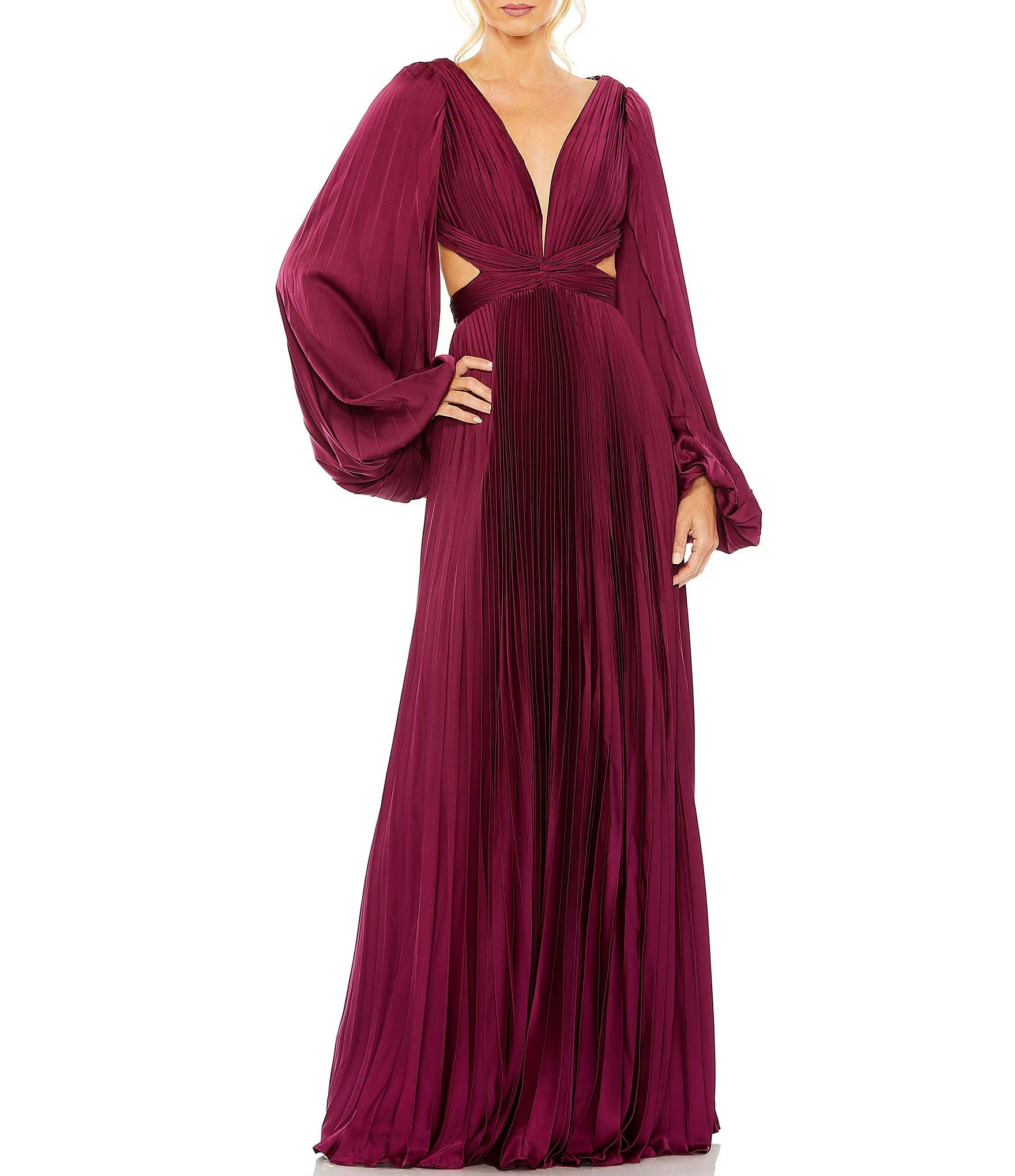 Long Balloon Sleeve Side Cut-Out Pleated Deep V-Neck Satin A-Line Gown | Dillard's