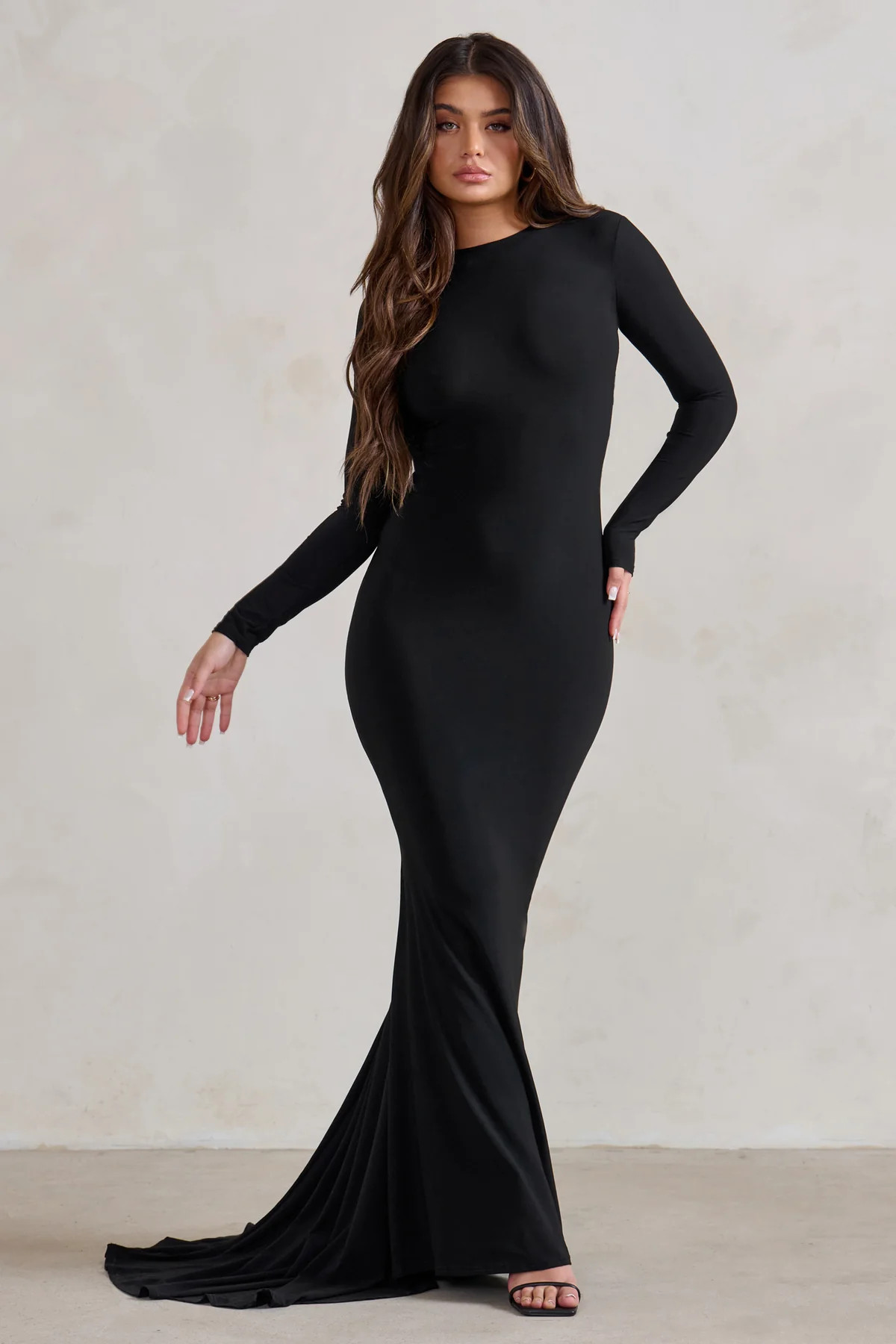One Step Ahead | Black Long Sleeve Backless Fishtail Maxi Dress | Club L London