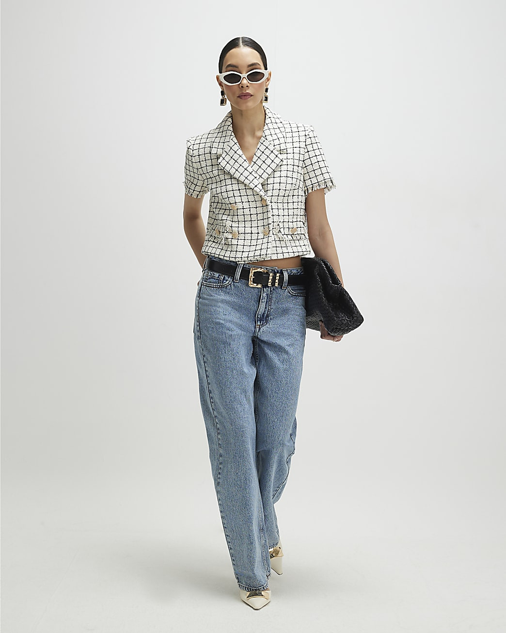 Cream Boucle Checked Short Sleeve Jacket | River Island UK & IE