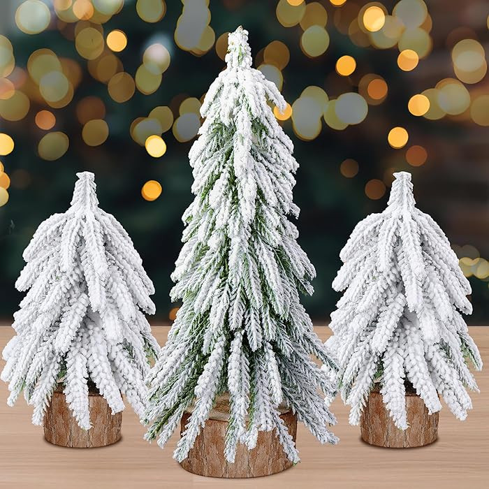 Iceyyyy 3 Pcs Snow Tabletop Christmas Trees,2 Size Snow Flocked Mini Tabletop Pine Trees with Woo... | Amazon (US)