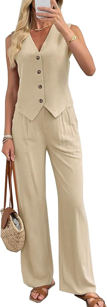 Women's 2 Piece Outfits Linen Vest Waistcoat Dressy Casual Sets Wide Leg Pants Suits | Amazon (US)
