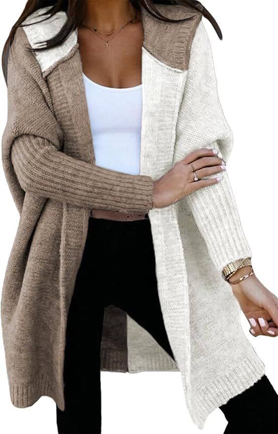 Astylish Women 2024 Open Front Long Sleeve Hooded Knit Cardigan Sweaters Color Block Outwear Coat | Amazon (US)