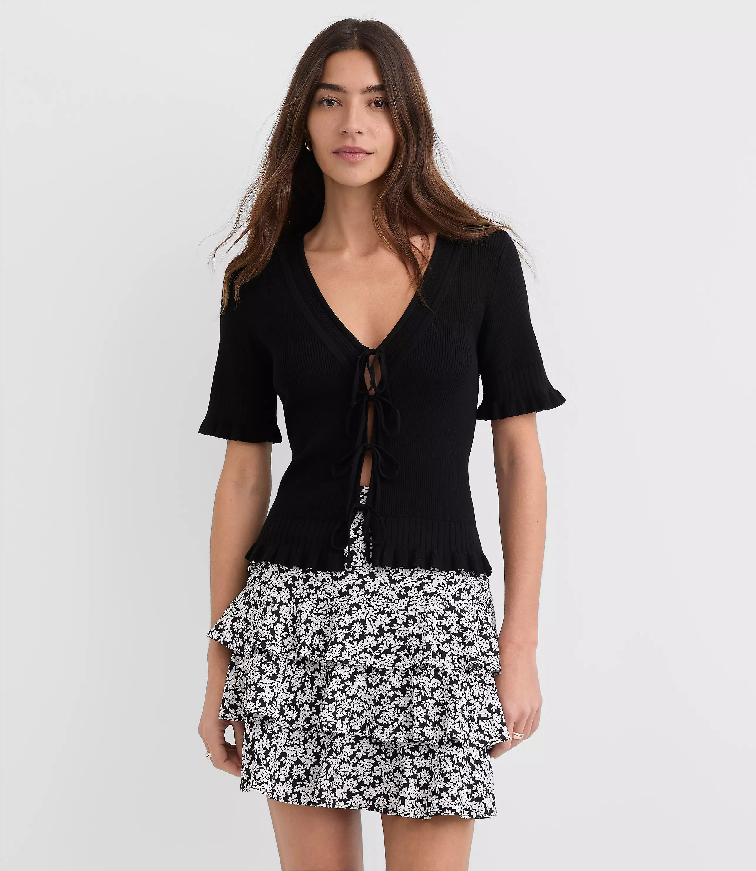 Ruffle Pointelle Bow Cardigan | LOFT