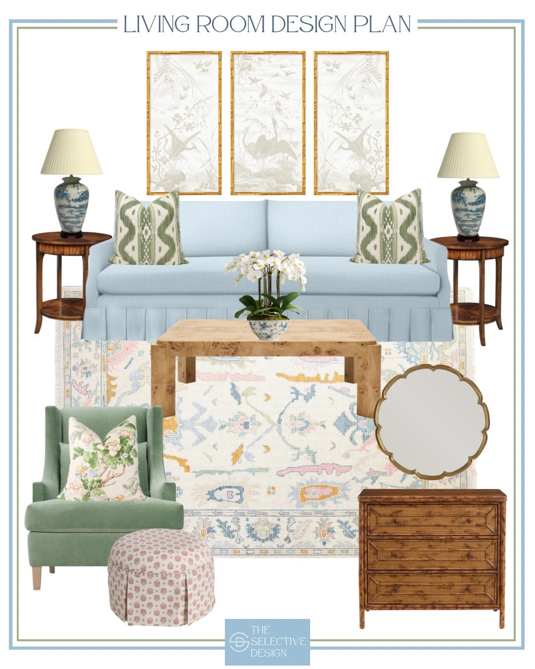 A classic and colorful Grandmillennial living room design plan 😍

Chinoiserie art, blue sofa, wood side table, burl wood coffee table, burlwood coffee table, green pillow, faux orchid, green chair, accent chair, floral pillow, pink ottoman, upholstered ottoman, living room ottoman, living room chest, bamboo chest, scalloped mirror, gold mirror, oushak rug, colorful oushak rug, classic contemporary home decor, southern home decor, traditional southern home decor, living room decor, living room inspiration, living room inspo, timeless decor, timeless home decor, classic home decor, traditional home decor, elegant home decor, timeless living room, Grandmillennial living room, Grandmillennial home decor, classic home, traditional home, timeless home, colorful home, colorful living room, living room design plan, pops of color, neutral with pops of color, chinoiserie lamp 

#LTKHome #LTKSaleAlert
