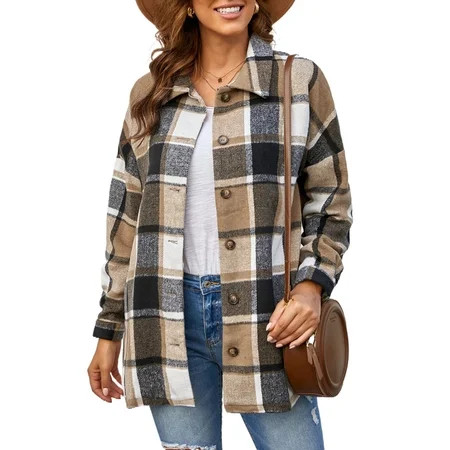 ZKESS Womens Plaid Flannel Jacket Casual Button Down Long Sleeve Coat with Pockets | Walmart (US)