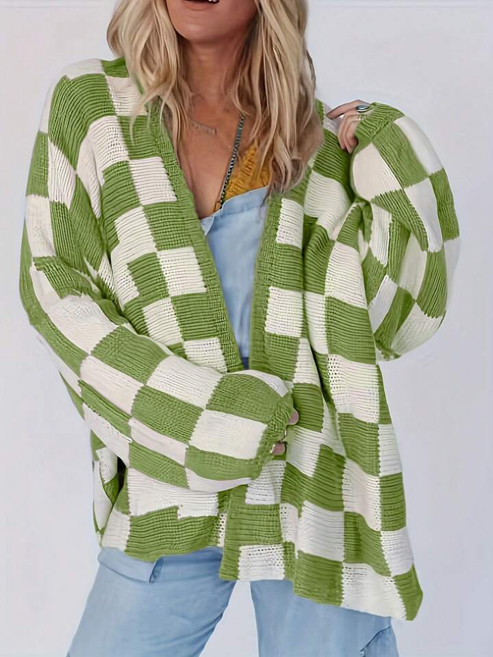 SHEIN Essnce Dual-Color Plaid Knitted Long Sleeve Cardigan Sweater | SHEIN