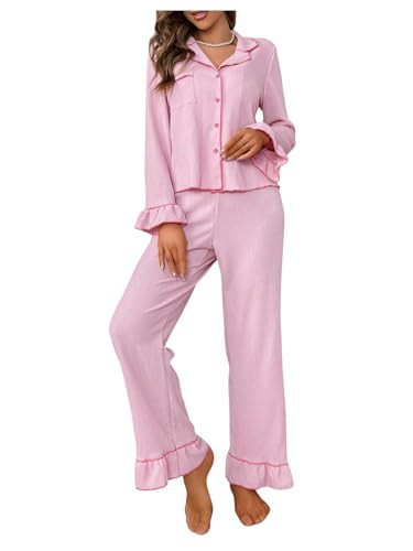 Verdusa Women's 2 Piece Pajama Sets Sleepwear Ruffle Long Sleeve Shirt Toop and Lounge Pants Set Pink X-Large | Amazon (US)