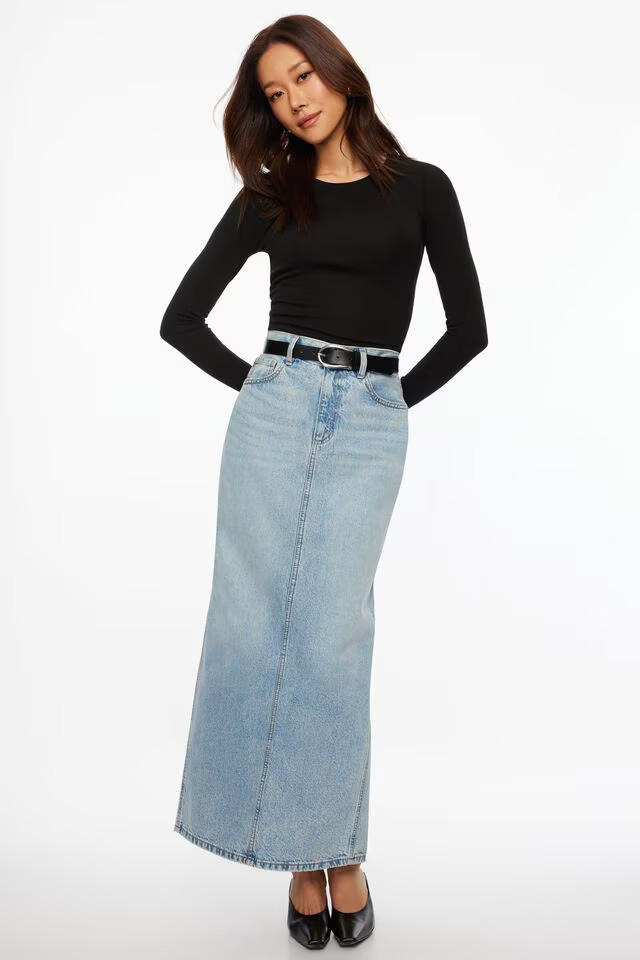 Column Denim Maxi Skirt | Dynamite Clothing