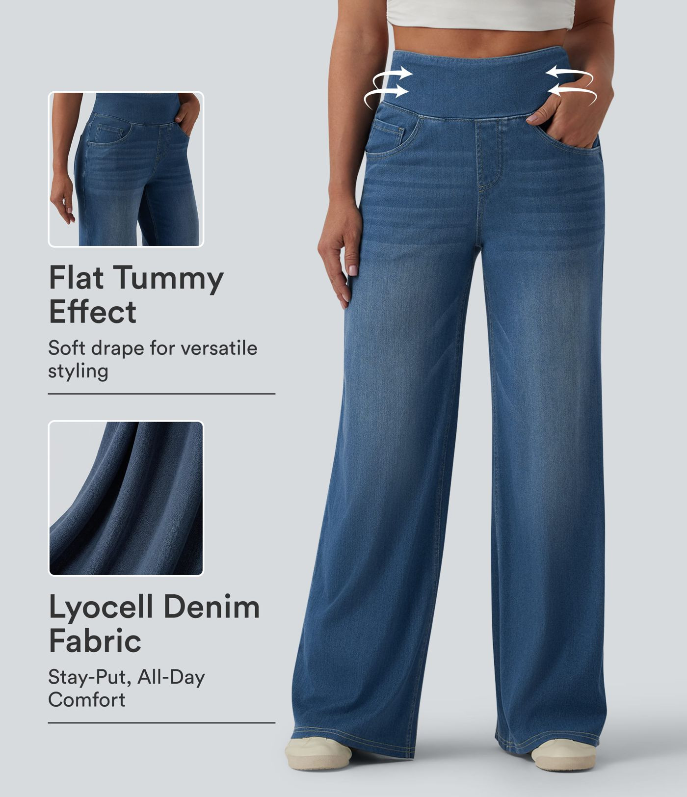 Halara Flex™ High Waisted Tummy Control Wide Leg Draped Lyocell Washed Casual Jeans with Pocket... | HALARA