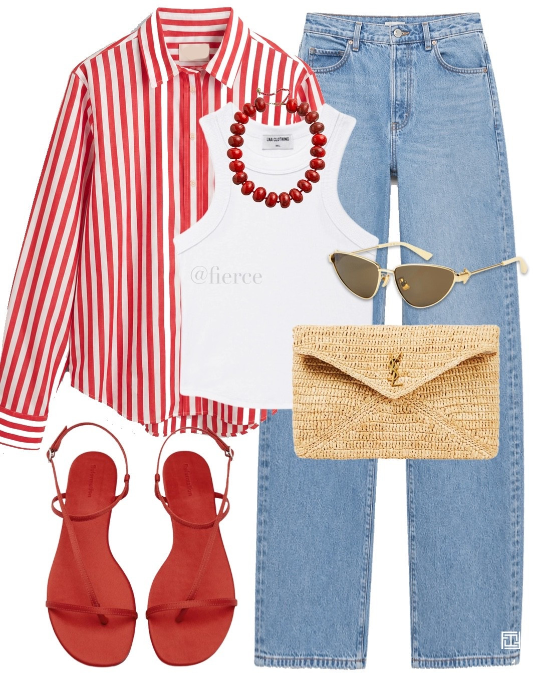 Red striped shirt blue jeans red flat strappy sandals raffia clutch bag red beaded necklace

#LTKuk #LTKsummer #LTKeurope